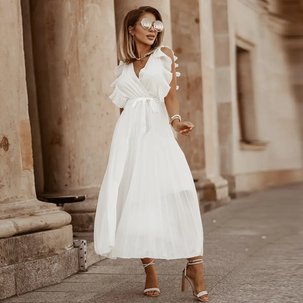 Robe longue femme à volants, taille ceinturée, six coloris