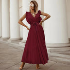 Robe longue femme à volants, taille ceinturée, six coloris, bordeaux
