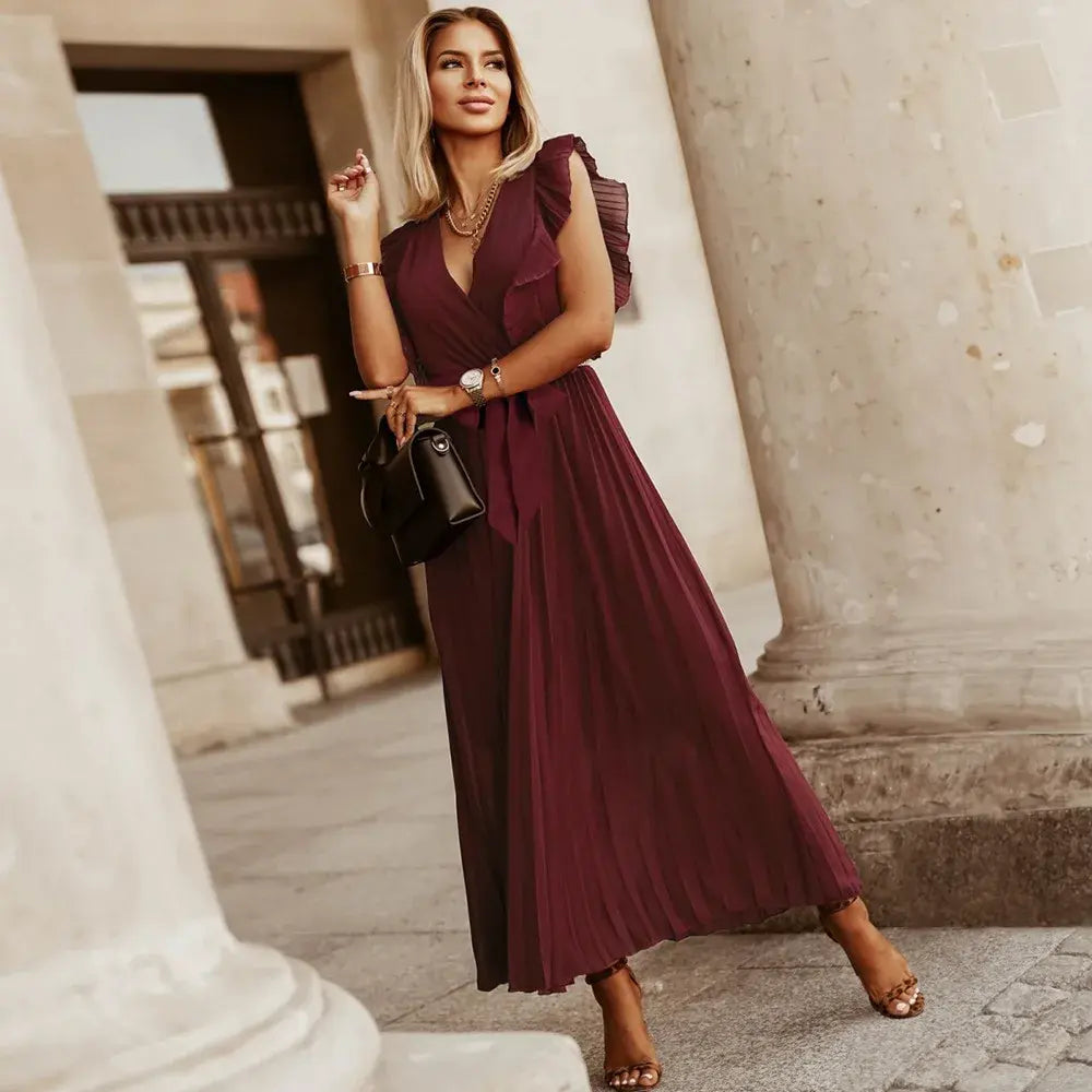 Robe longue femme à volants, taille ceinturée, six coloris