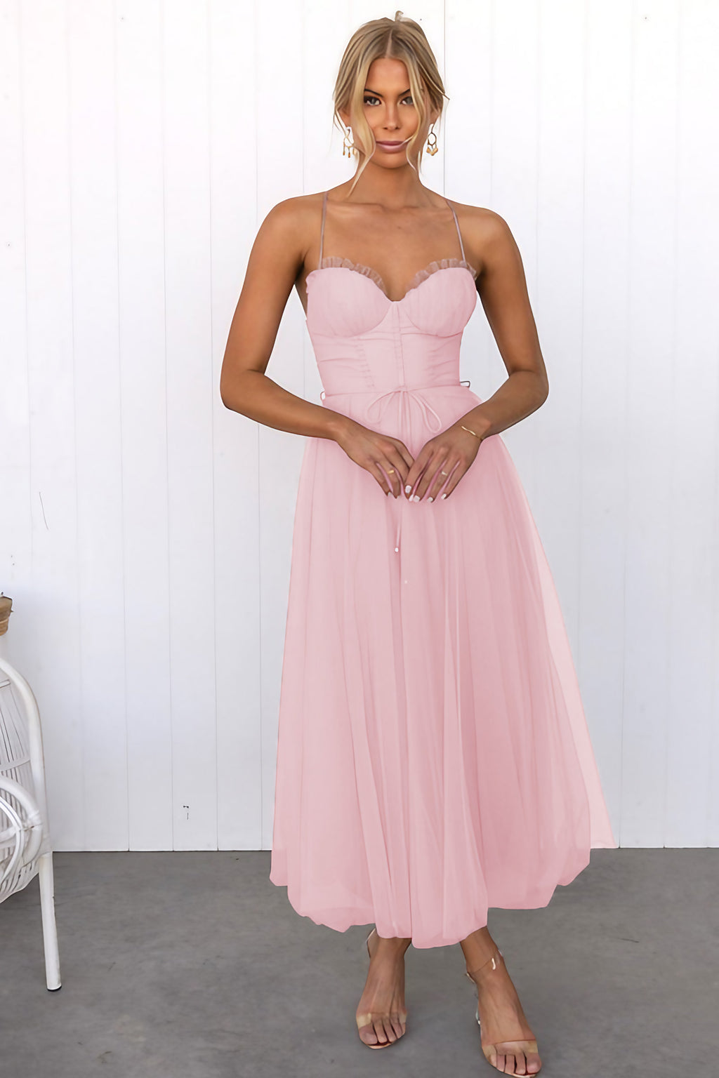 Robe maxi de soirée en mousseline à bretelles fines, cintrée, rose