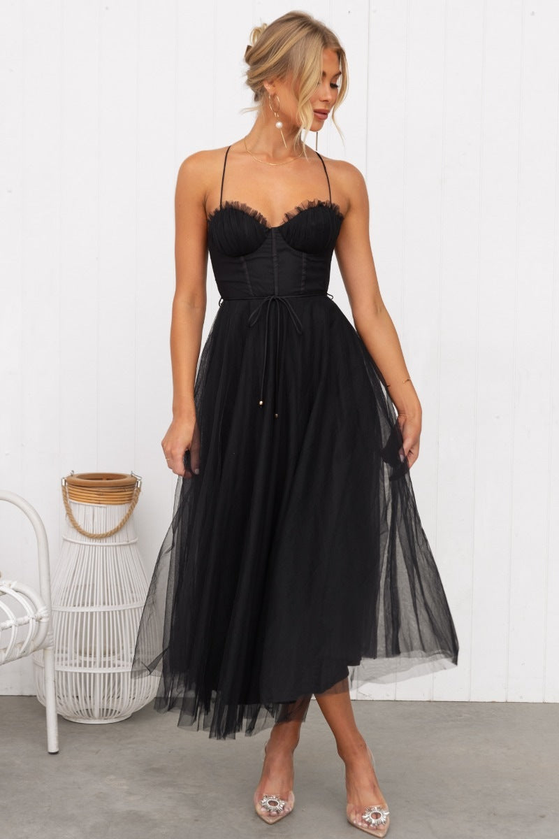 Robe maxi de soirée en mousseline à bretelles fines, cintrée