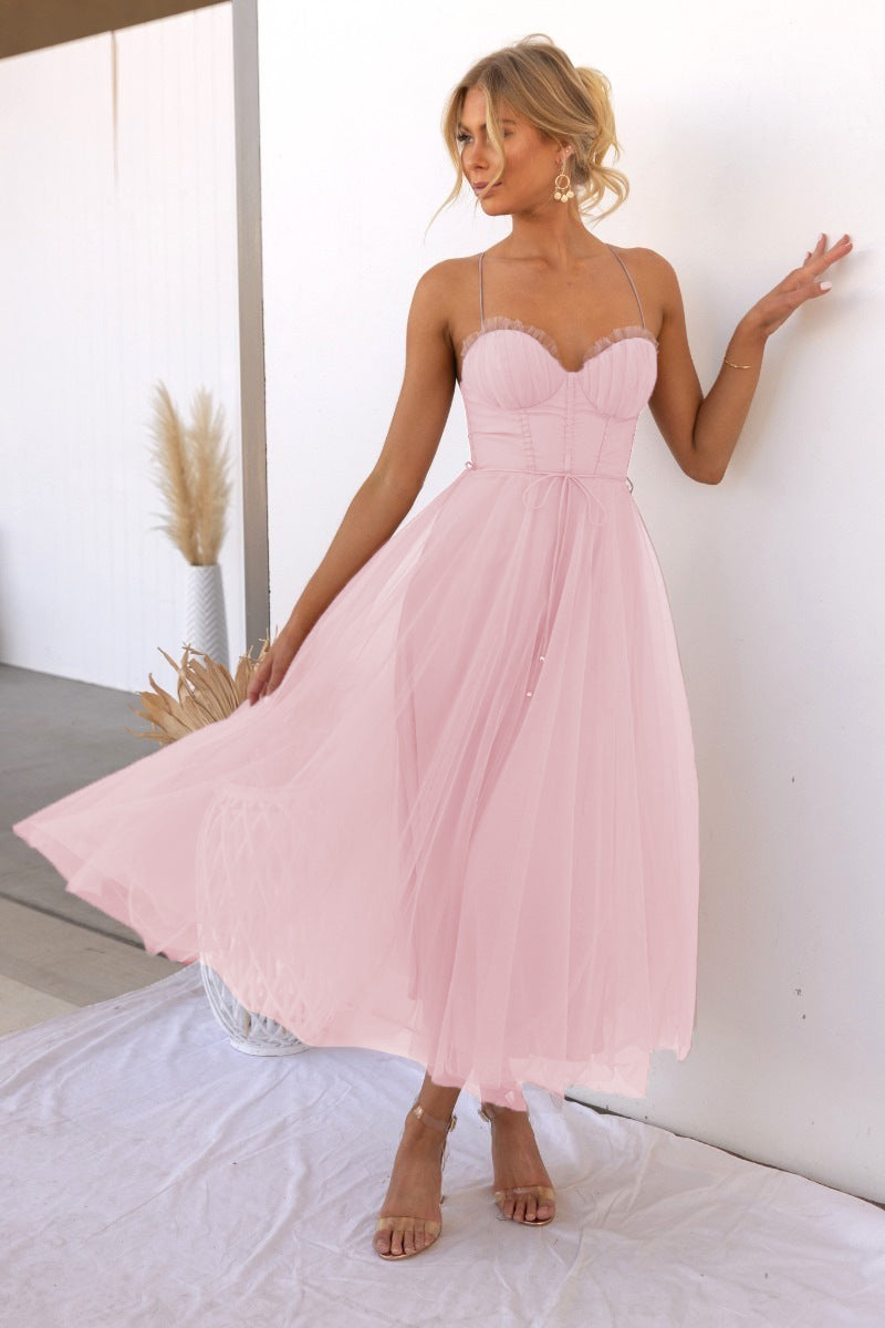 Robe maxi de soirée en mousseline à bretelles fines, cintrée