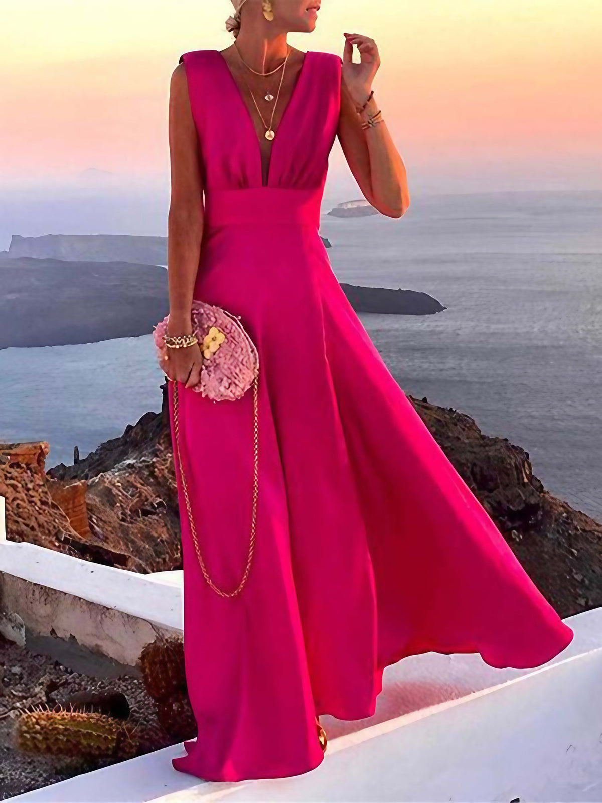 Robe de soirée longue et fluide, quatre coloris, du S au XL, rouge