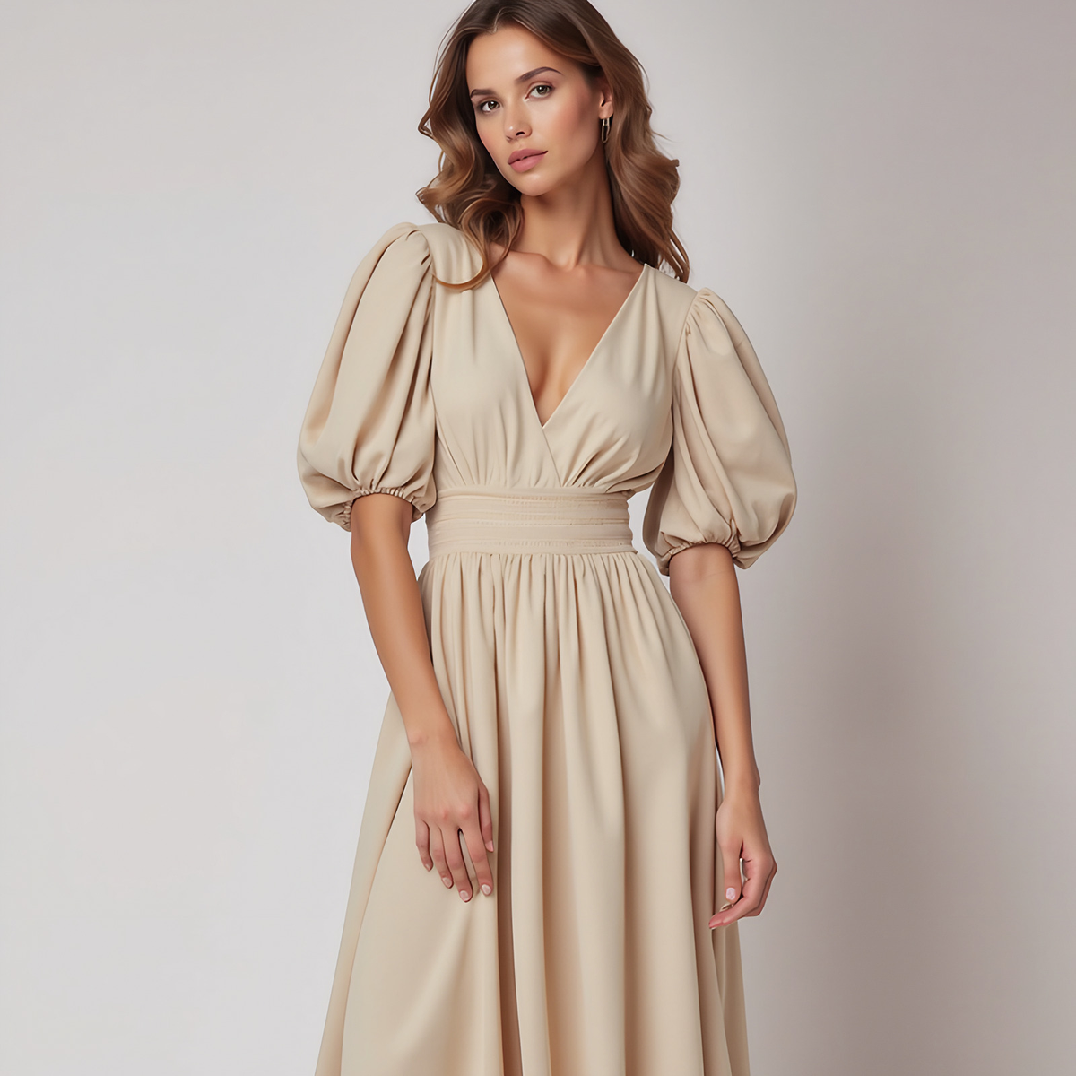 Robe longue évasée col V à manches bouffantes, taille cintrée