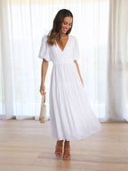 Robe longue évasée col V à manches bouffantes, taille cintrée, blanc