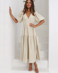 Robe longue évasée col V à manches bouffantes, taille cintrée, crème