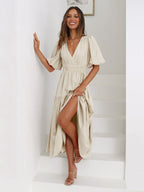 Robe longue évasée col V à manches bouffantes, taille cintrée