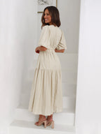 Robe longue évasée col V à manches bouffantes, taille cintrée