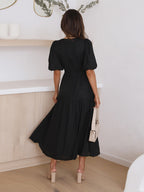 Robe longue évasée col V à manches bouffantes, taille cintrée