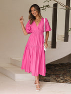Robe longue évasée col V à manches bouffantes, taille cintrée, rose