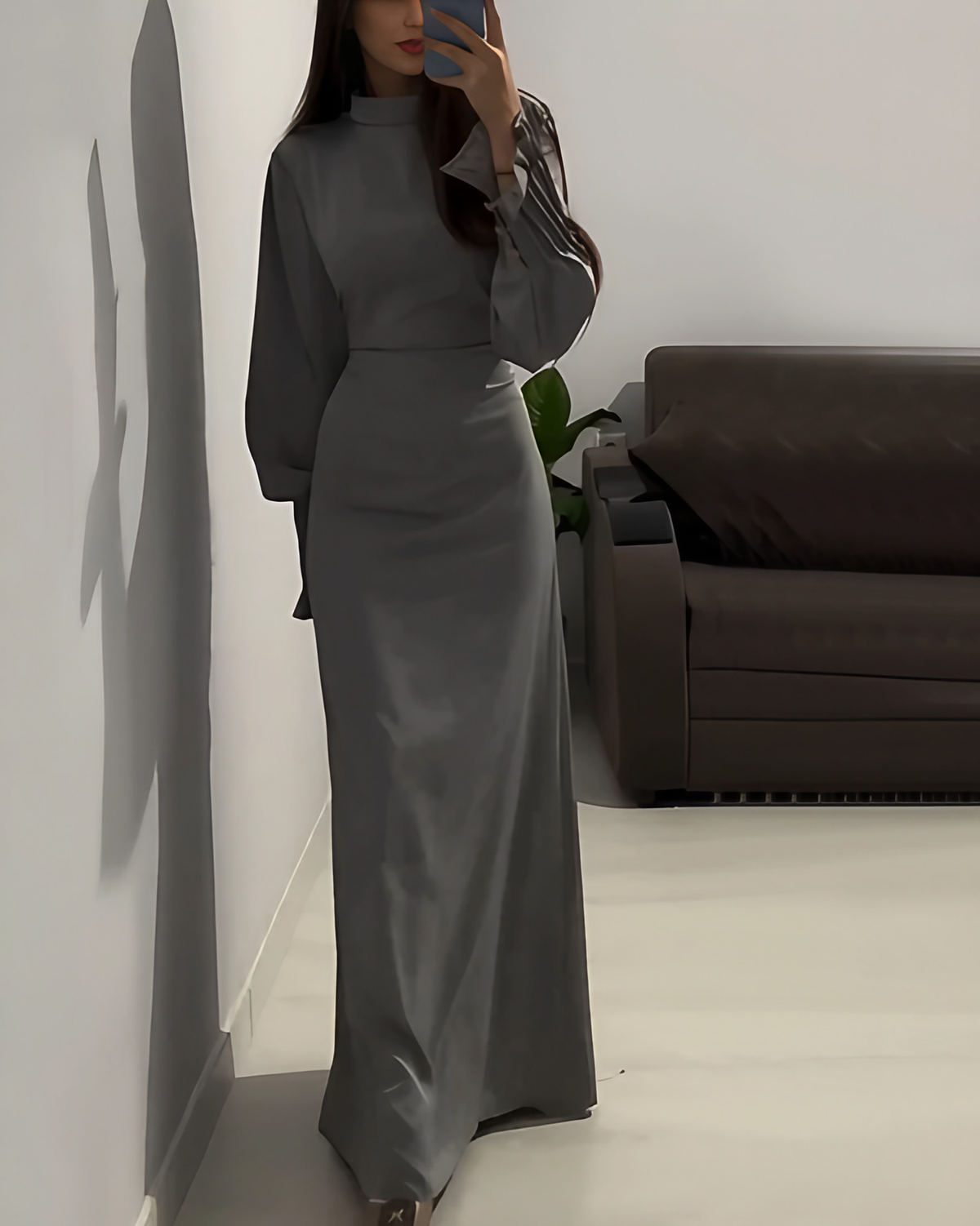 Robe longue fluide femme, coupe ample, trois coloris, gris