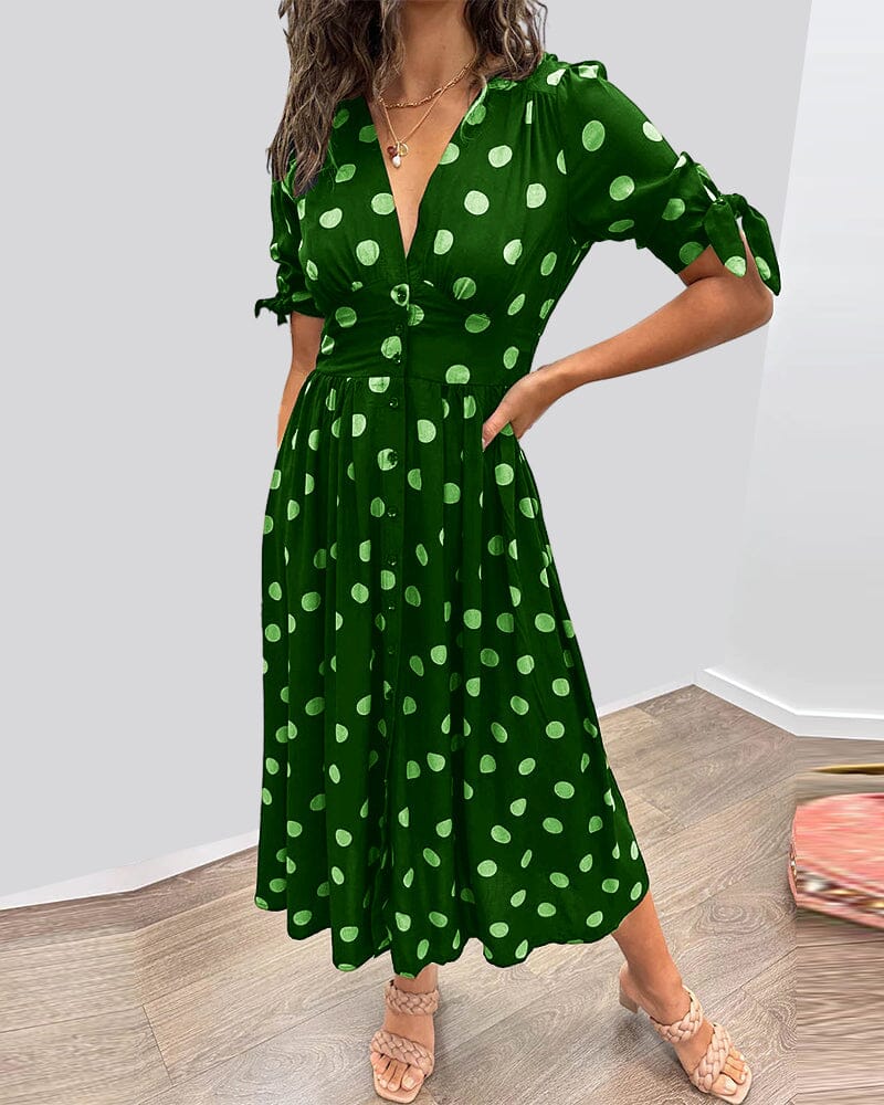 Robe à pois mi-longue, manches nouées et coupe cintrée, vert