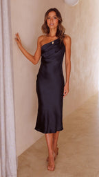 Robe mi-longue cintrée à laçage au dos, jupe évasée, bleu foncé