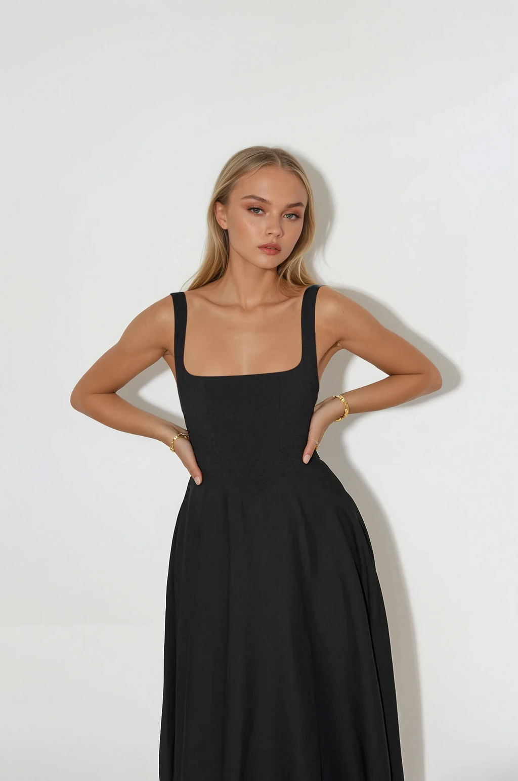 Robe mi-longue à fines bretelles et encolure carrée