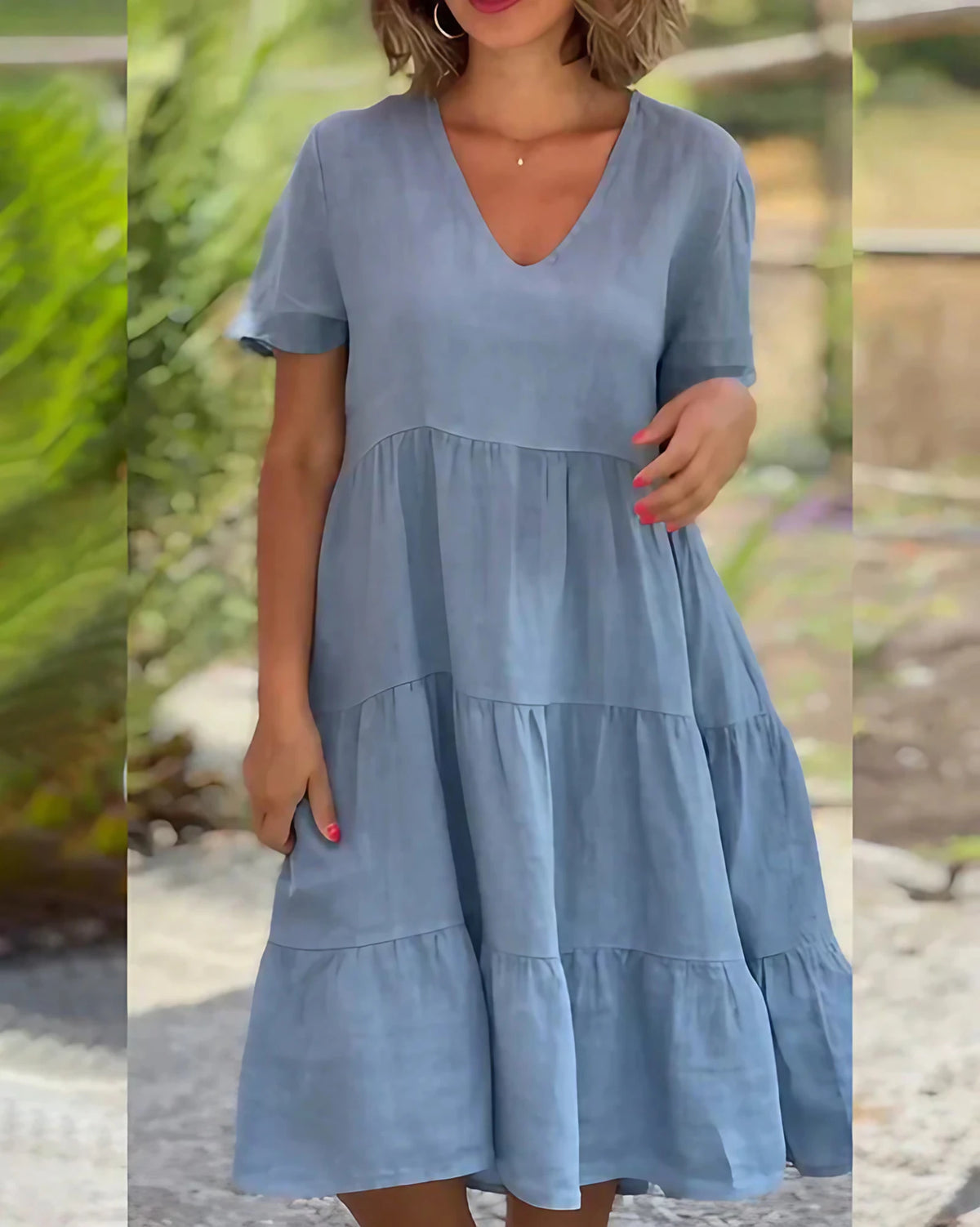 Robe fourreau mi-longue à décolleté V, trois coloris, bleu