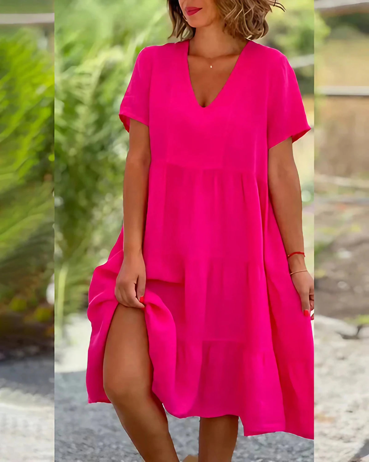 Robe fourreau mi-longue à décolleté V, trois coloris, rose