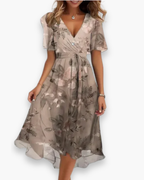 Robe mi-longue fluide femme à col V, quatre coloris, du S au 3XL, beige