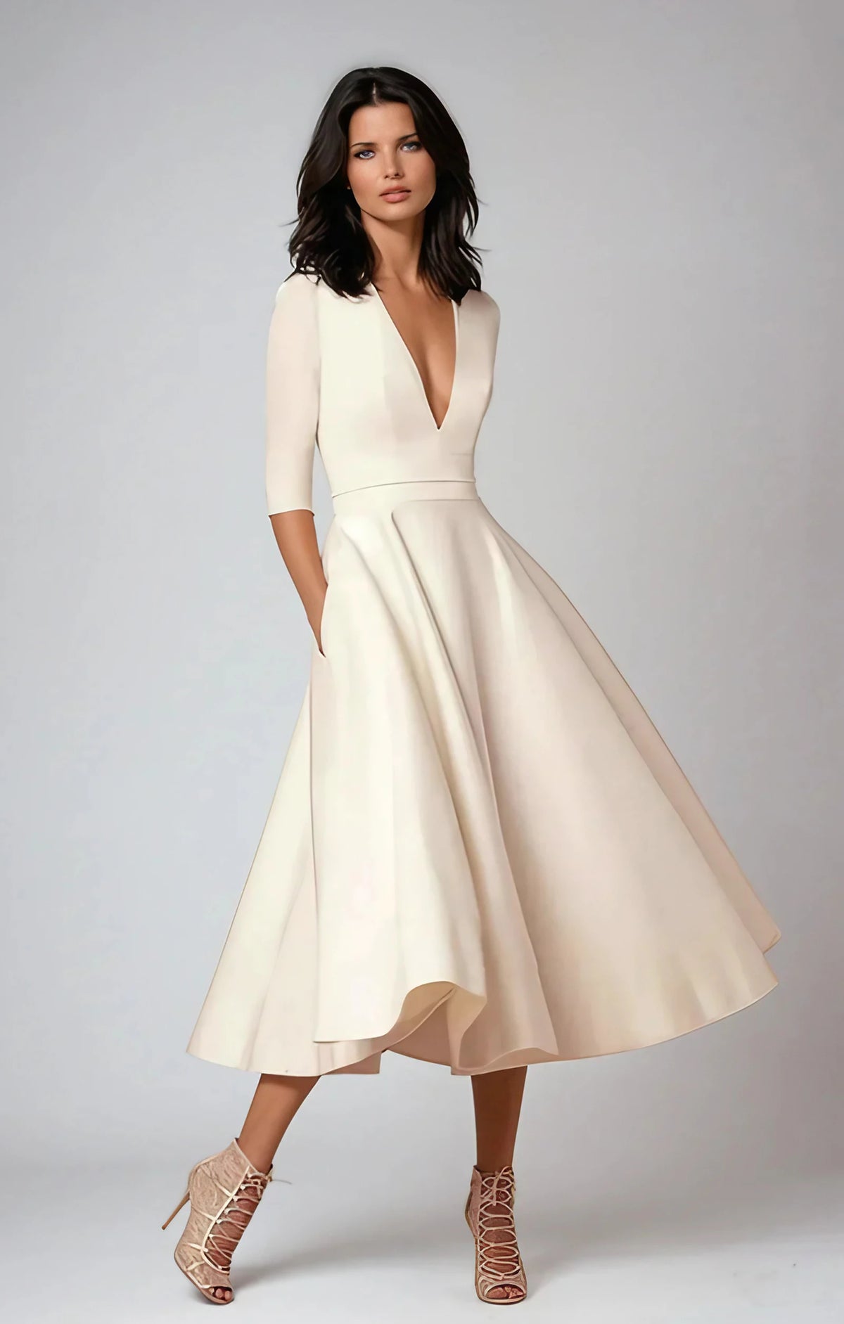 Robe midi trapèze col V, manches 3/4, haut cintré