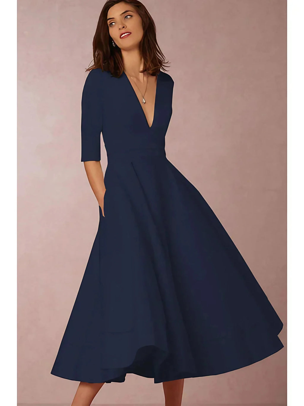 Robe midi trapèze col V, manches 3/4, haut cintré, bleu marine