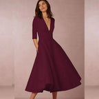 Robe midi trapèze col V, manches 3/4, haut cintré, rouge vin