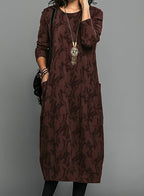 Robe midi ample femme à manches longues et poches latérales, bordeaux