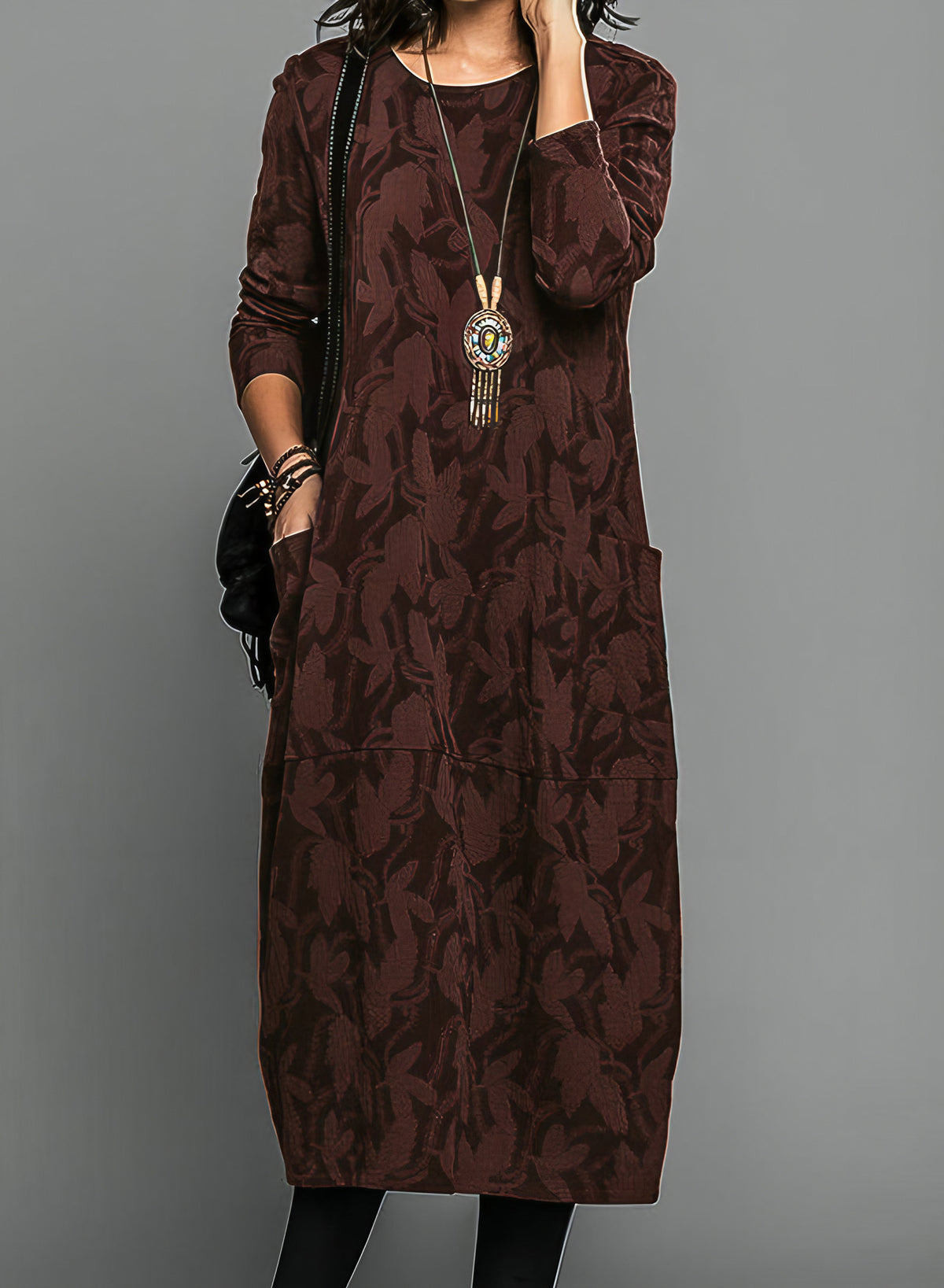 Robe midi ample femme à manches longues et poches latérales, bordeaux