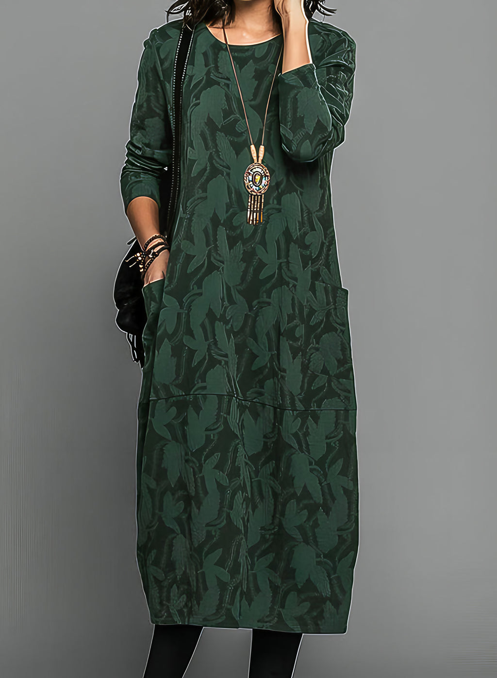 Robe midi ample femme à manches longues et poches latérales, vert