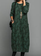 Robe midi ample femme à manches longues et poches latérales, vert