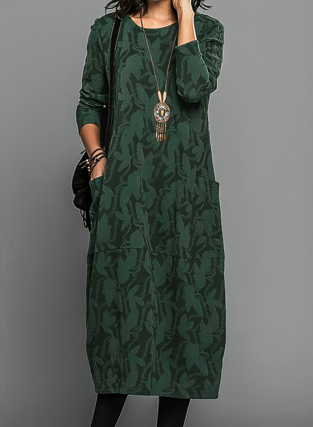 Robe midi ample femme à manches longues et poches latérales, vert