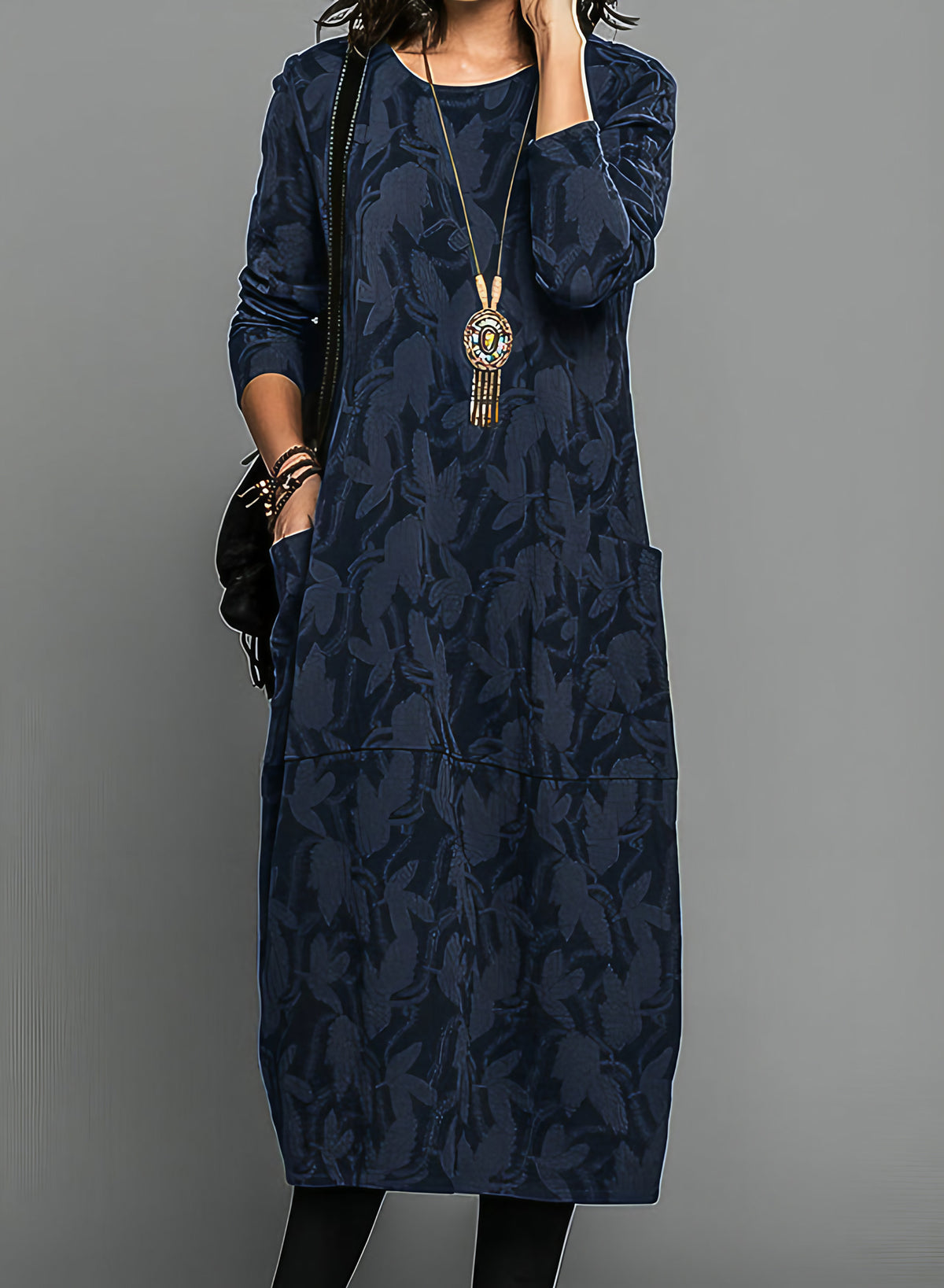 Robe midi ample femme à manches longues et poches latérales, bleu