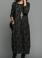 Robe midi ample femme à manches longues et poches latérales, noir