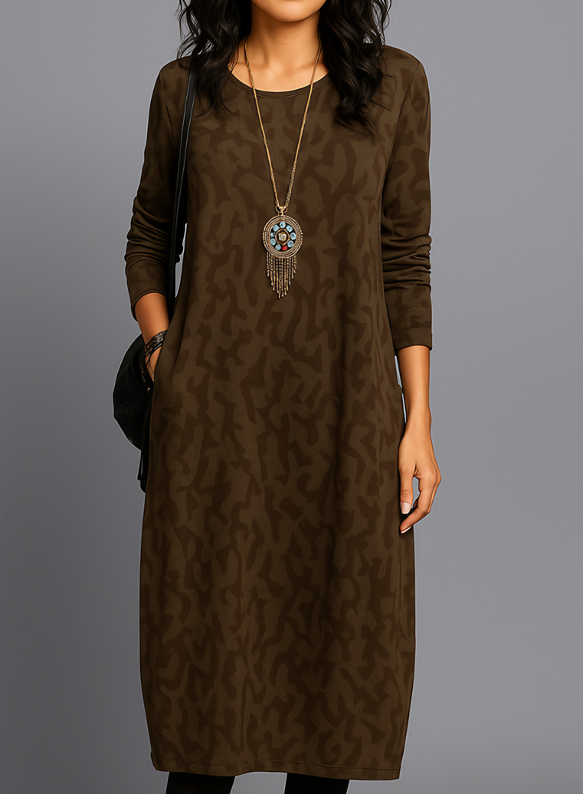 Robe midi ample femme à manches longues et poches latérales, marron