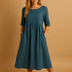 Robe midi ample femme à col rond et poches, du S au 5XL, bleu foncé