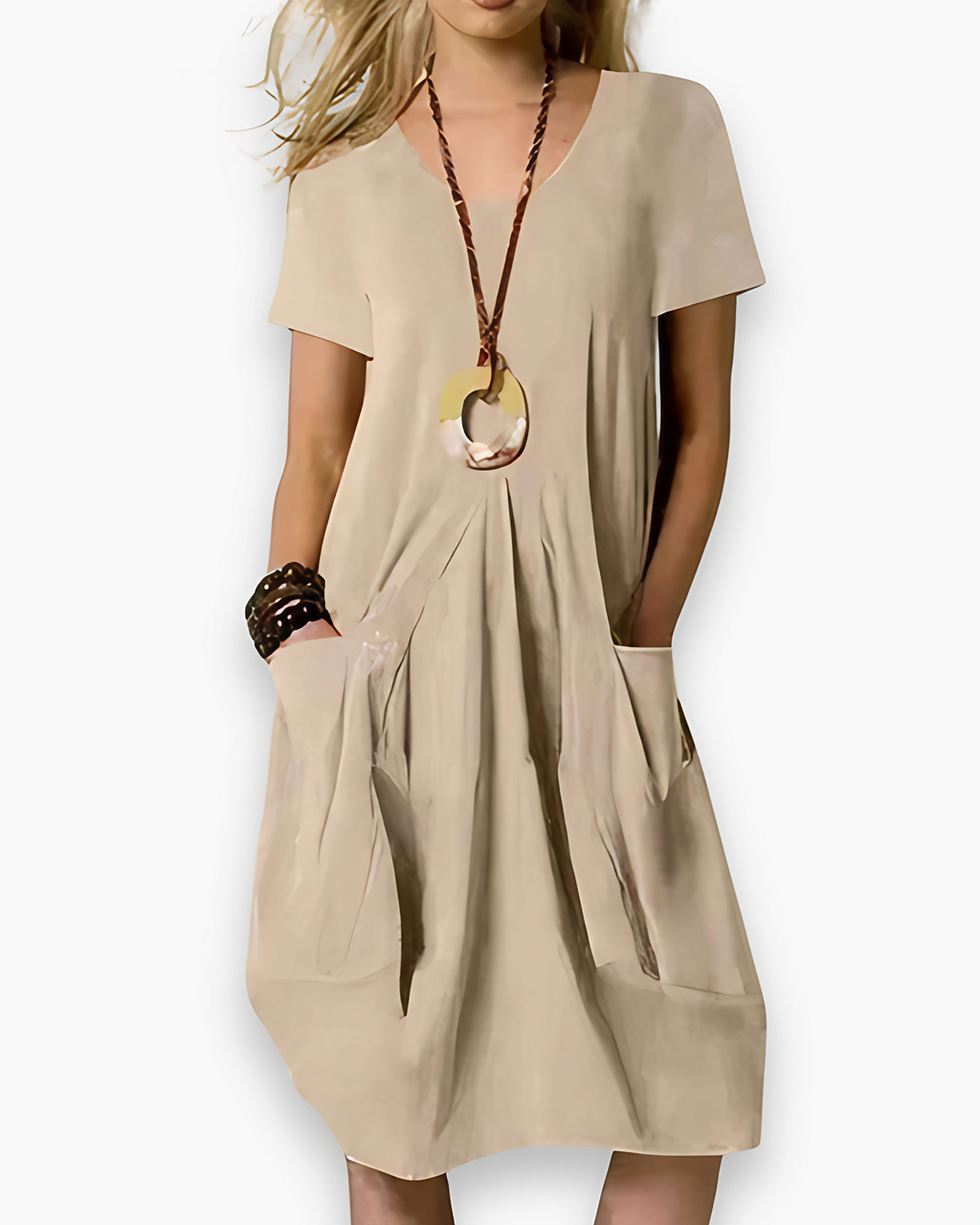 Robe midi ample femme à poches, quatre coloris, du S au 5XL, beige