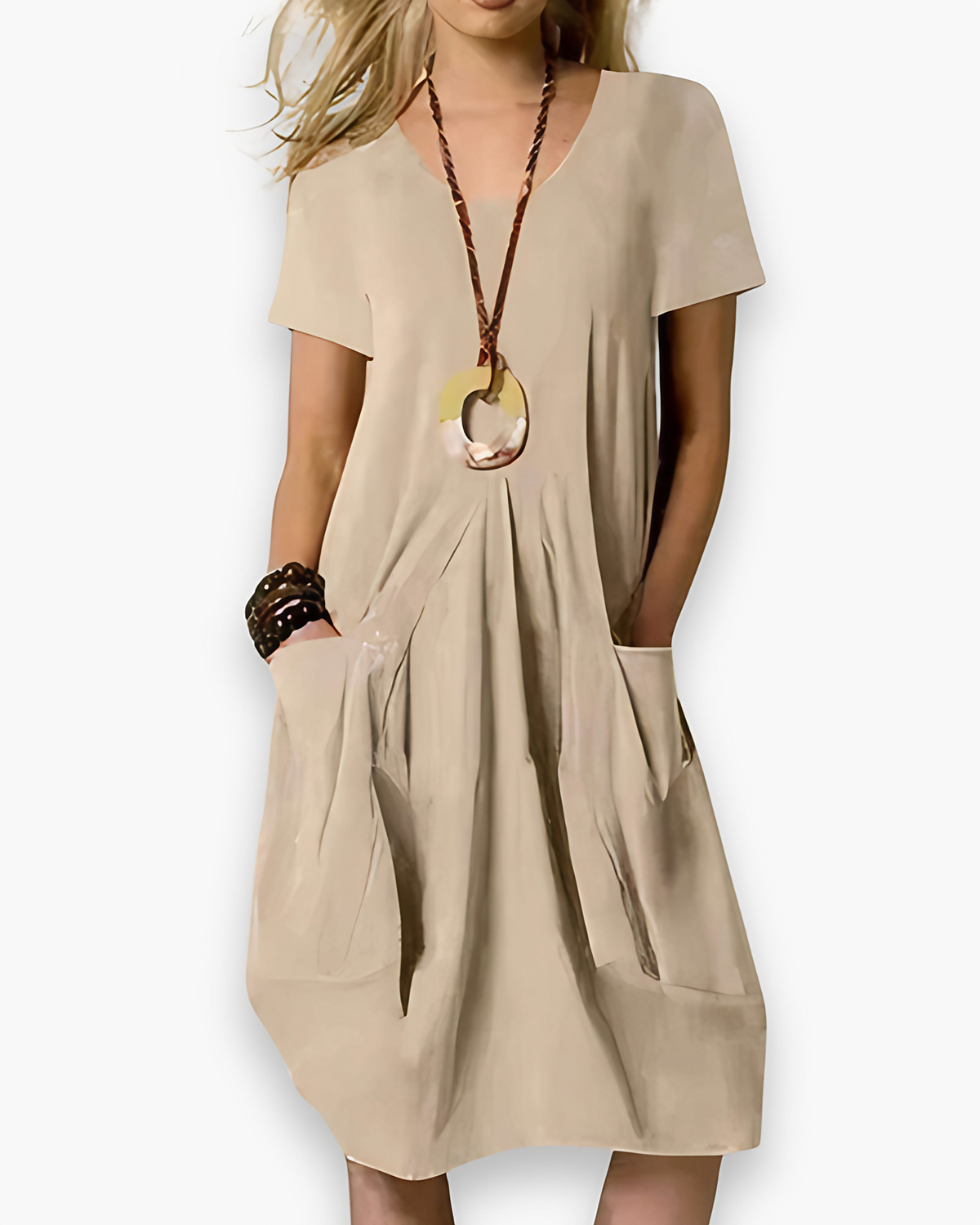 Robe midi ample femme à poches, quatre coloris, du S au 5XL, beige