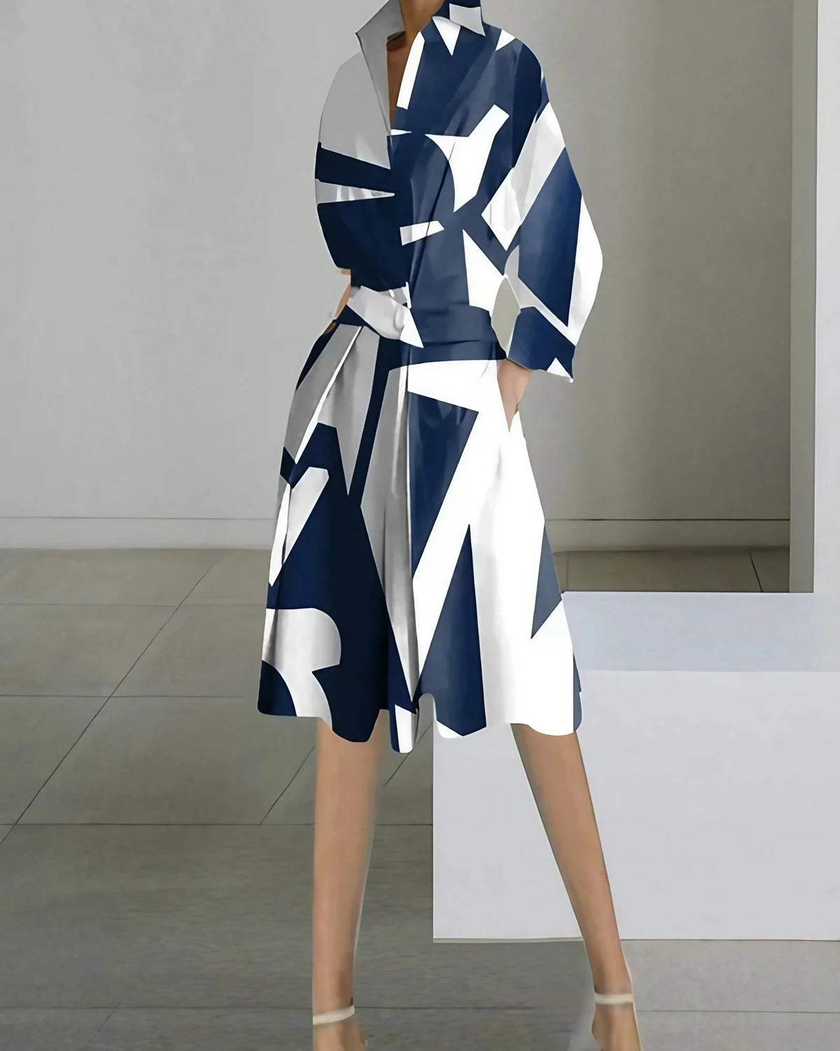 Robe midi femme col V à poches, manches longues, bleu