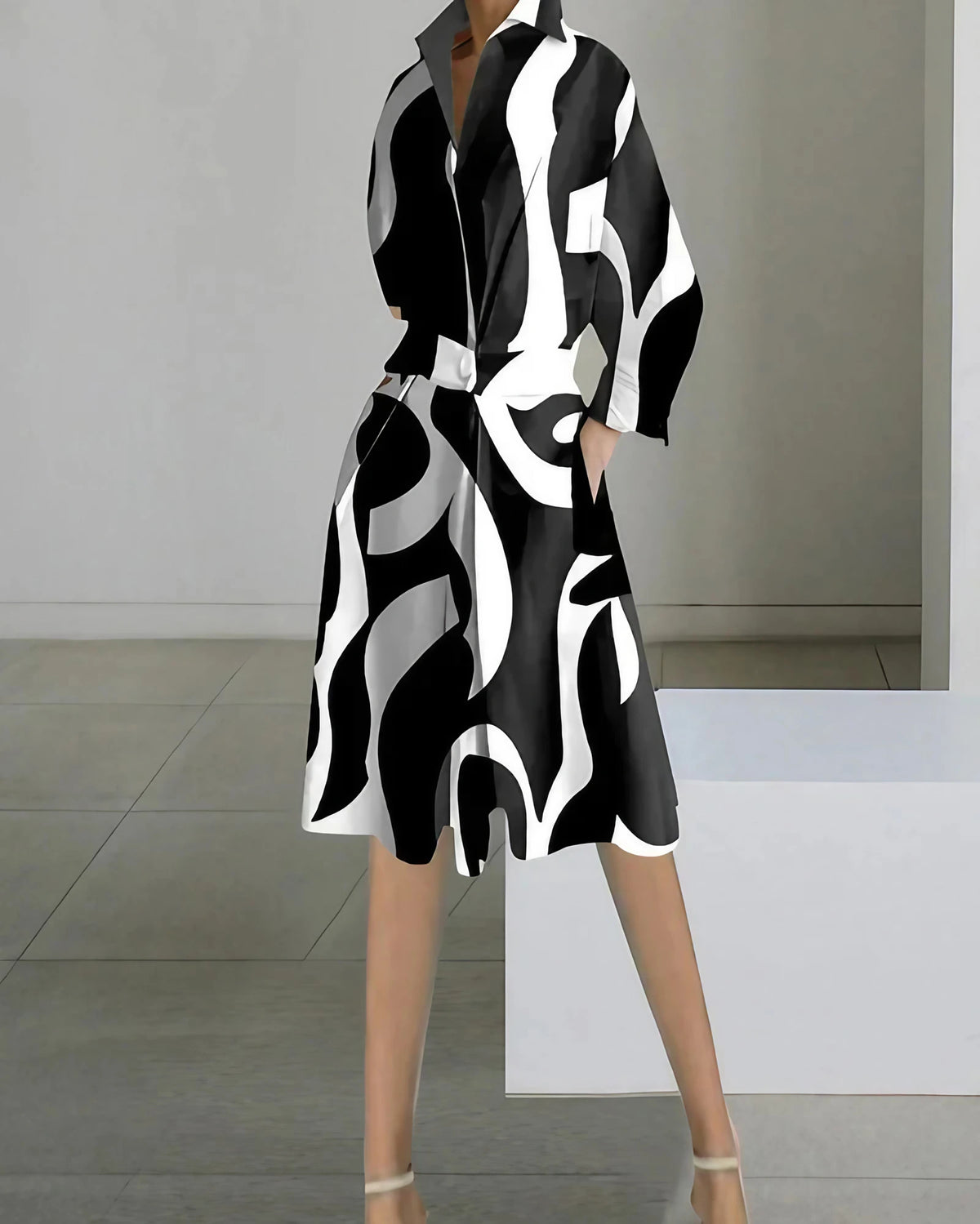 Robe midi femme col V à poches, manches longues, noir