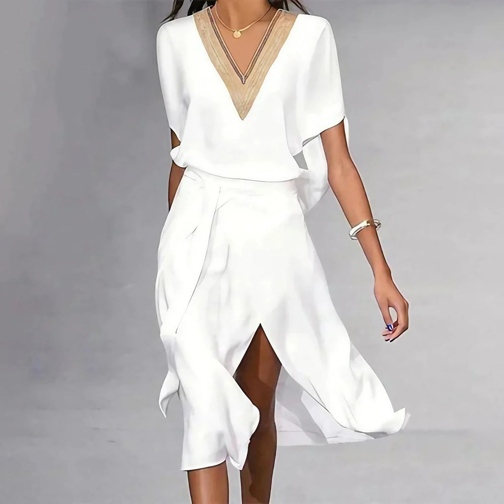 Robe midi blanche col V à manches courtes, coupe décontractée, blanc