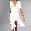 Robe midi blanche col V à manches courtes, coupe décontractée, blanc