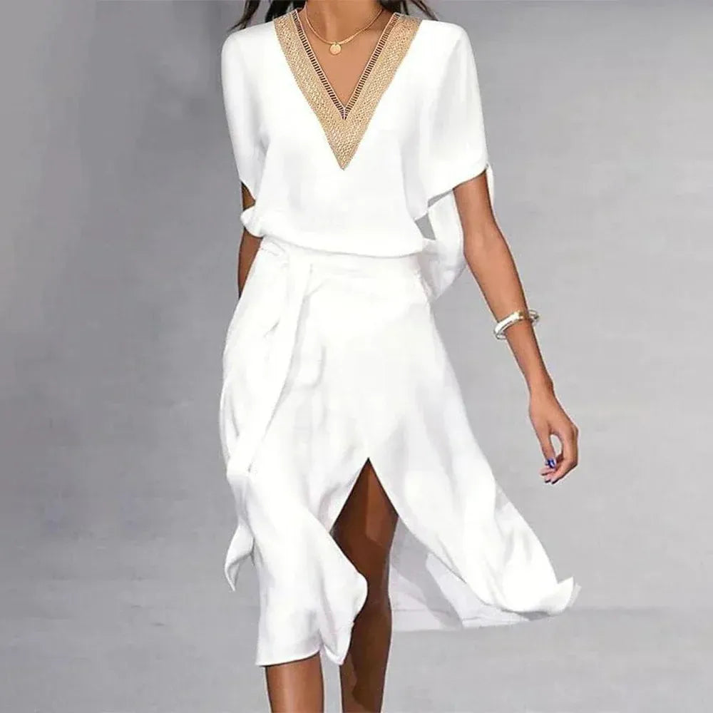 Robe midi blanche femme à col V, coupe droite, blanc