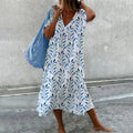Robe midi imprimé aquarelle bleu, manches courtes, col V, blanc et bleu