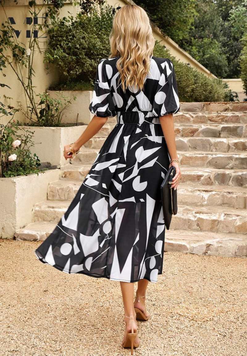 Robe midi bohème femme imprimée, col V, ceinture à nouer