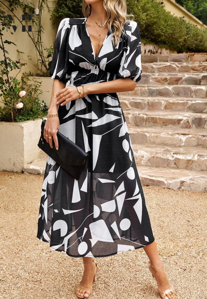 Robe midi bohème femme imprimée, col V, ceinture à nouer