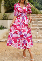 Robe midi bohème femme imprimée, col V, ceinture à nouer