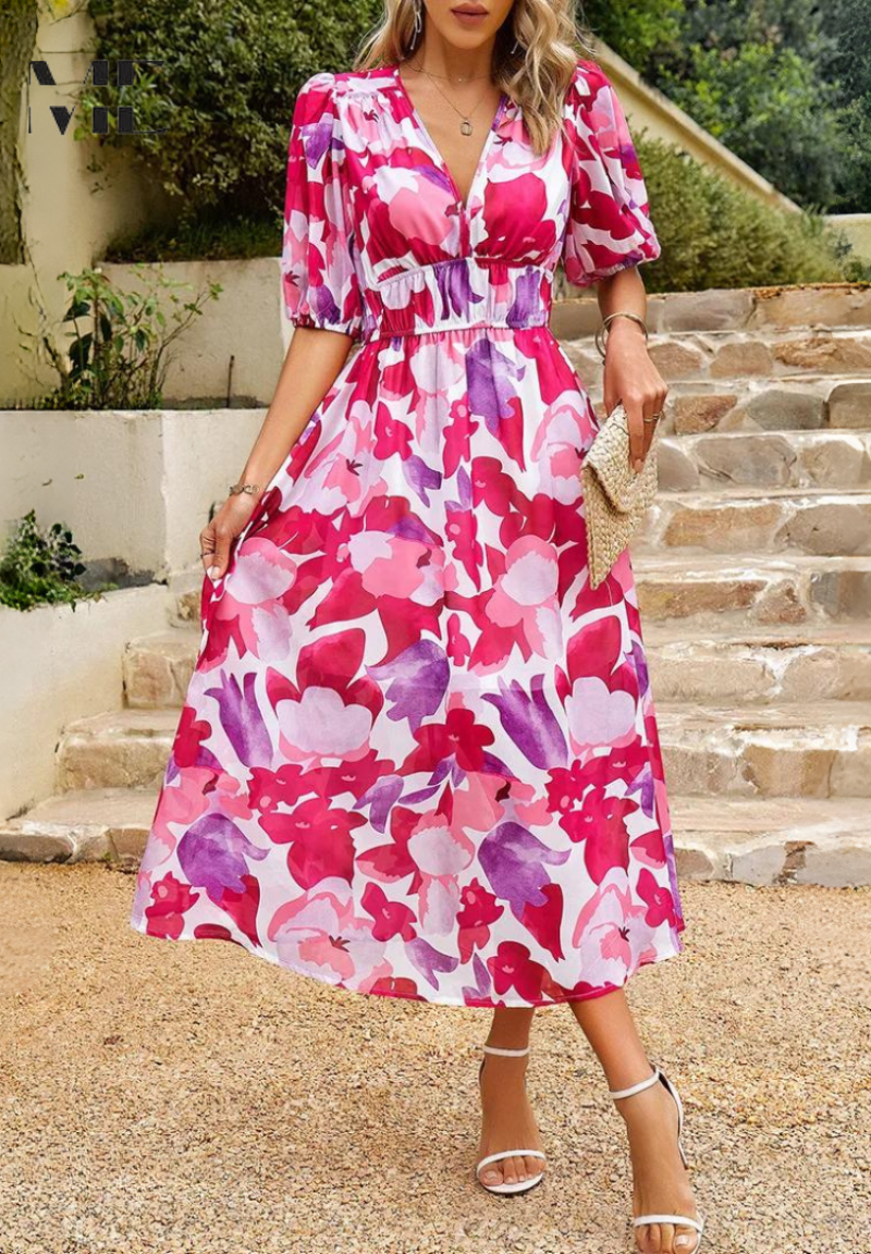 Robe midi bohème femme imprimée, col V, ceinture à nouer