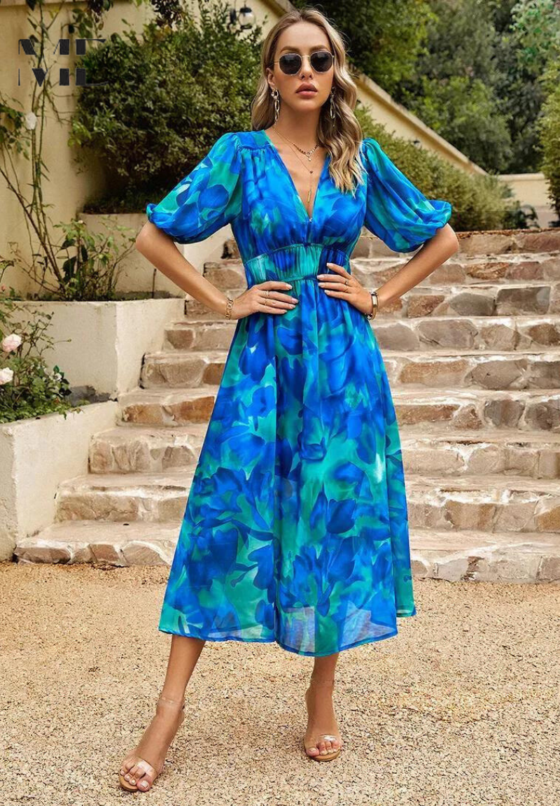 Robe midi bohème femme imprimée, col V, ceinture à nouer