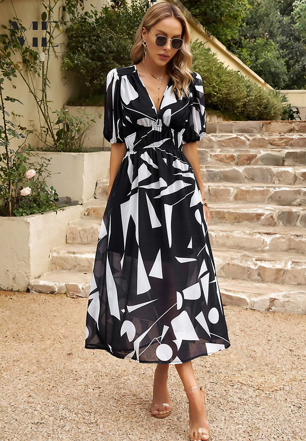 Robe midi bohème femme imprimée, col V, ceinture à nouer, noir