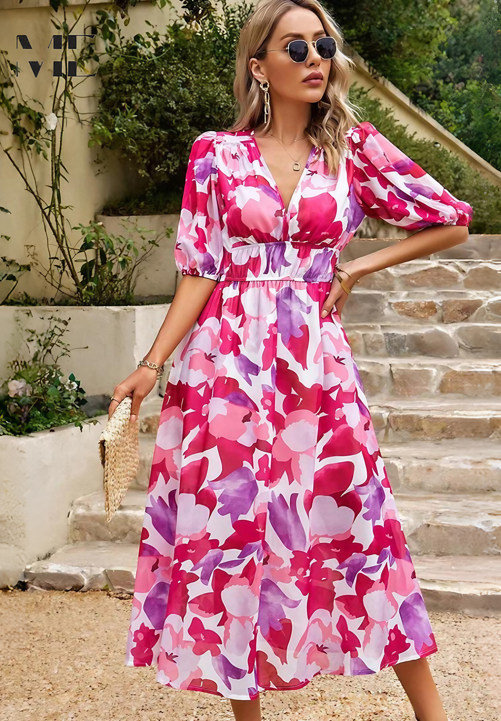 Robe midi bohème femme imprimée, col V, ceinture à nouer, rose