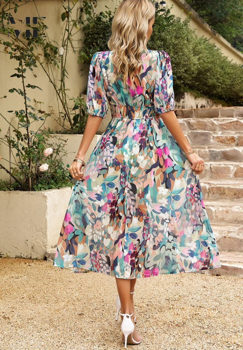 Robe midi bohème femme imprimée, col V, ceinture à nouer