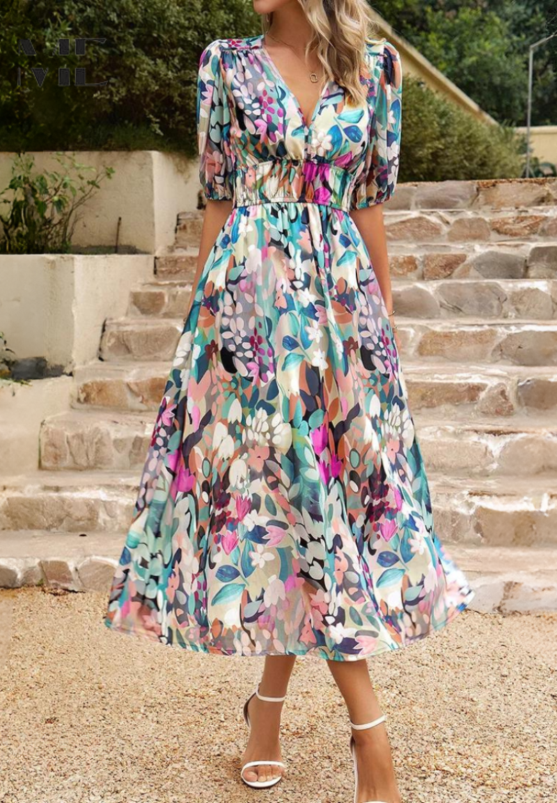 Robe midi bohème femme imprimée, col V, ceinture à nouer